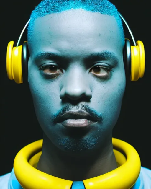 Image similar to hyperrealist highly intricate neo-modern portrait light blue pearlescent a cyberpunk black man at 20s with robot eyes, short hair, tiny thin mustache, thin face, wearing headphones, holding a big camera, concept art pascal blanche key sage dramatic yellow lighting 8k high angle shallow depth of field