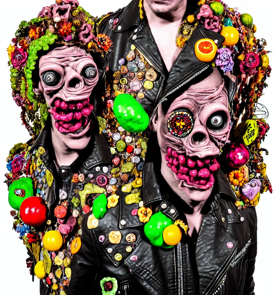 Image similar to portrait of a zombie punk rock star, leather jacket, ripped jeans, head made of fruit gems and flowers in the style of arcimboldo, basil wolverton, kenny scharf, action figure, clay sculpture, claymation, dramatic stage spotlight lighting