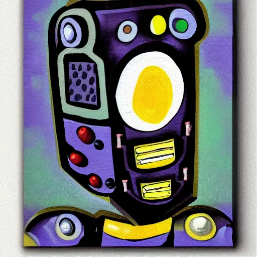 Prompt: portrait of a robot, eggs on canvas