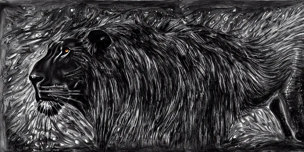Image similar to the black lioness, made of ferrofluid, in a suburban neighborhood, dripping tar. animal drawing, drawing, environment art