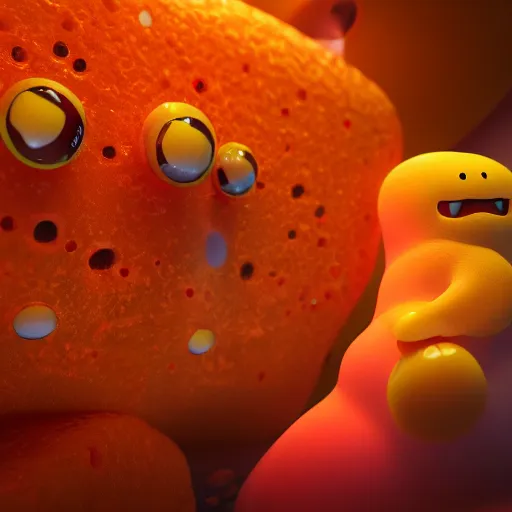 Image similar to lava lamp, gelatinous cute creature inside, happy, playful, vivid, globules, 8 k, octane render