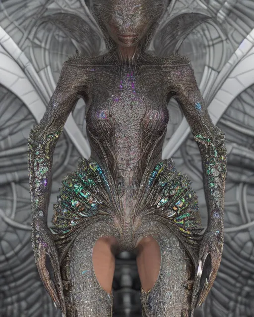 Image similar to a highly detailed metahuman 4 k close up render of an alien goddess bella hadid monument demon in iris van herpen dress schiaparelli in diamonds crystals swarovski and jewelry iridescent in style of alphonse mucha gustav klimt trending on artstation made in unreal engine 4