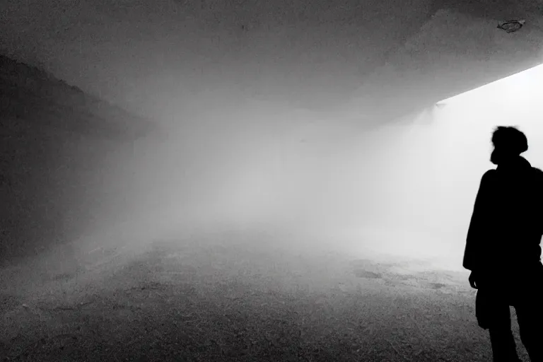 Image similar to a blurry, silhouetted figure stands alone in a creepy derelict corridor. broken windows light rays volumetric fog creepy at night. grainy footage