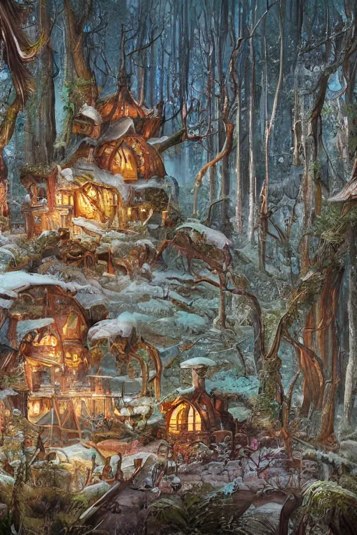 Image similar to a storybook illustration of a ramshackle multistory fairytale hut in the forest, intricate, elegant, fantasy, highly detailed, digital painting, concept art, sharp focus, artstation