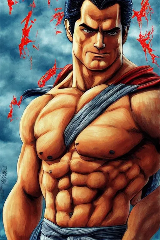 Prompt: henry cavill with shredded body type painting by akira toriyama, trending on cgsociety, anime art style, anime art