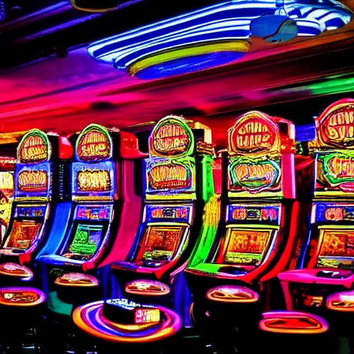 Prompt: inside a casino, fruit machines, chandeliers, lights and colors psychedelic