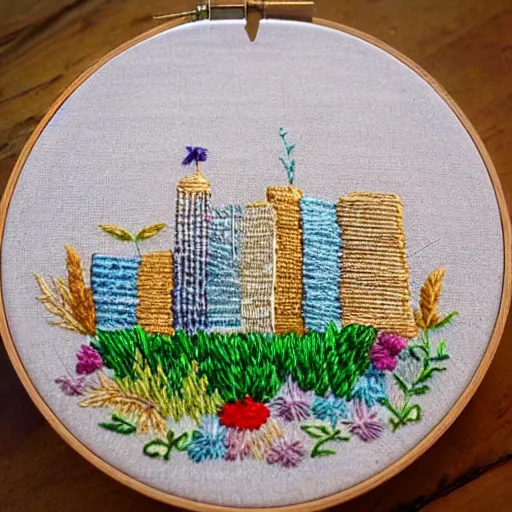 Image similar to a tiny beautiful handmade embroidery of a city. hand embroidery.