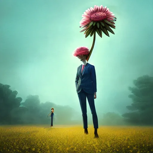 Image similar to giant daisy flower head, frontal, a girl in a suit, surreal photography, sunrise, dramatic light, impressionist painting, digital painting, artstation, simon stalenhag