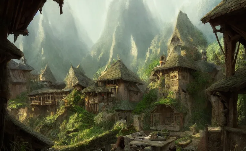 Image similar to painting of a series of opposing living quarters overlooking communal area carved inside a mountain, lush garden with hot spring between, cozy bed, well maintained, clean, medieval, fantasy genre, natural light, fantasy, natural light, concept art, by greg rutkowski and craig mullins, cozy atmospheric and cinematic lighting, trending on artstation
