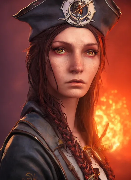 Image similar to A fantasy comic book style portrait painting of a 30 year old female as a pirate wizard in a atmospheric dark fortress, unreal 5, DAZ, hyperrealistic, octane render, RPG portrait, ambient light, dynamic lighting