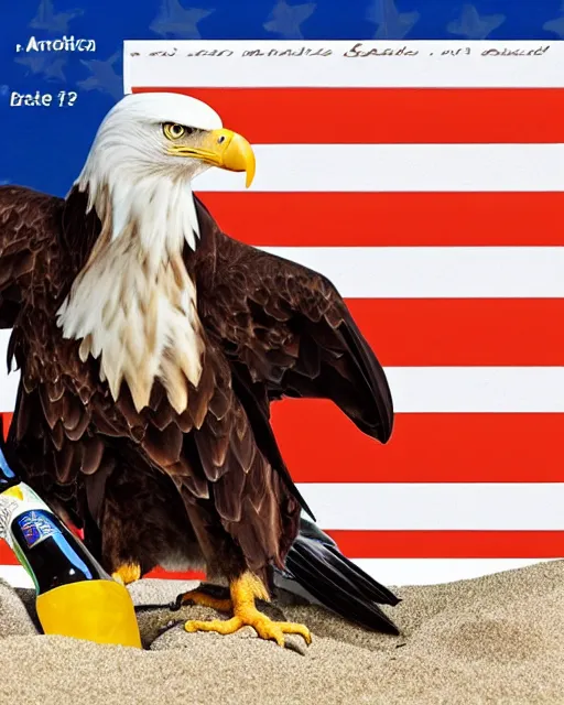 Image similar to postcard showing 'a cool bald eagle perched on a beach chair with shades and a beer bottle' laying in the sand, advertisement, american flag