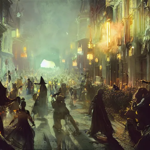 Prompt: halloween festival, volumetric lighting, 8 k octane beautifully detailed render, post - processing, extremely hyper - detailed, intricate, epic composition, cinematic lighting, masterpiece, trending on artstation, detailed detailed detailed, masterpiece, stunning art by anders zorn, wonderful masterpiece by greg rutkowski, beautiful cinematic light,