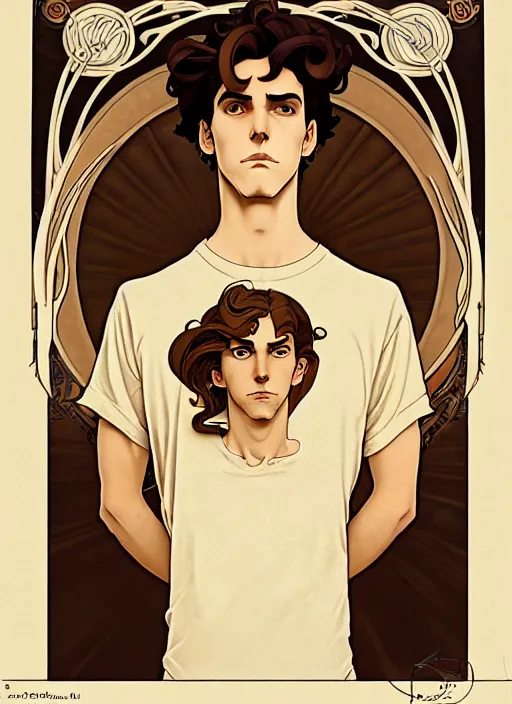 Prompt: art nouveau portrait of a young man with curly light brown hair, brown eyes, serious facial expression, gloomy mood, angry, t - shirt, natural lighting, path traced, highly detailed, high quality, cartoon, digital painting, by don bluth and ross tran and studio ghibli and alphonse mucha