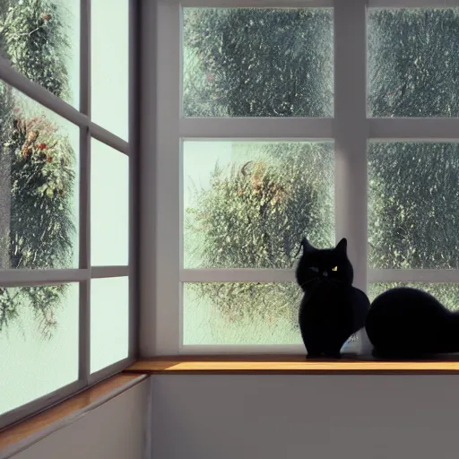 Prompt: peaceful dreamy painting of a content black cat sitting by a window, sunshine coming through the window, small plants on the window sill, 4k resolution, highly detailed, trending on artstation, octane render, unreal engine