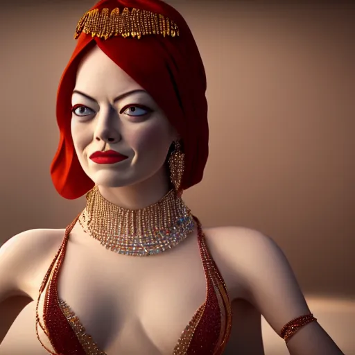 Image similar to a close up portrait of emma stone, she is dressed as a belly dancer,, arabian night, in focus sharp face with fine details, anatomically correct hands by albrecht durer, volumetric lightening, octane render, high quality, fully detailed, 4 k, alphonse mucha, masterpiece, stunning