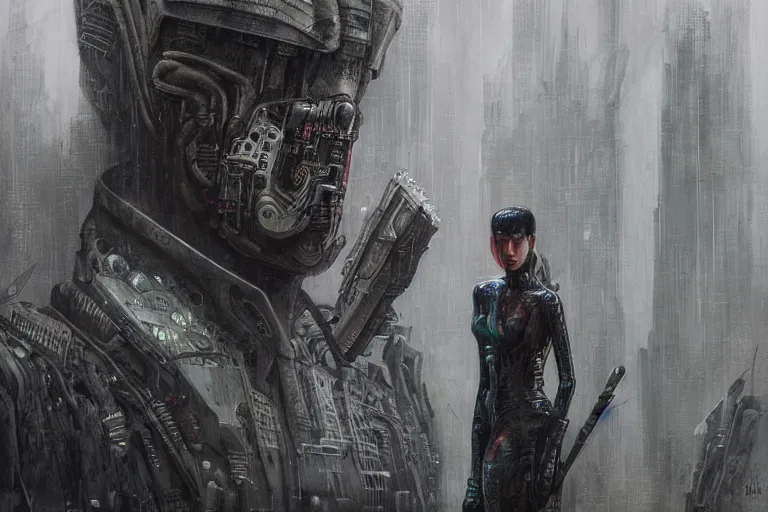 Image similar to highly detailed concept art of blade runner characters, dystopian post - apocalyptic retrofuturistic neon vibe, an ultrafine detailed painting by hans giger and wayne barlowe, trending on deviantart, pop surrealism, whimsical, lowbrow, perfect symmetrical face, sharp focus, octane, masterpiece