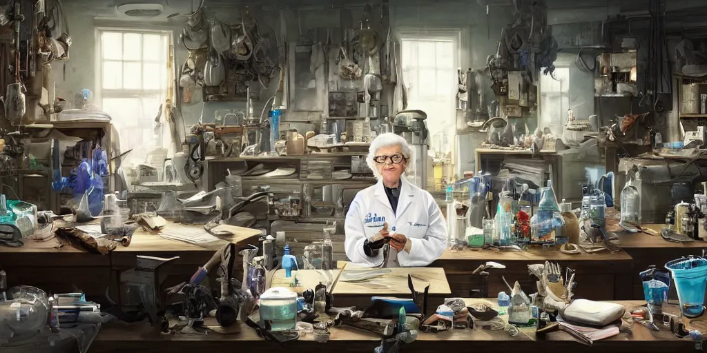 Image similar to an environmental concept art of an elderly female scientist in a cluttered workshop, surigcal impliments, surgery table, highly detailed, cinematic, dramatic