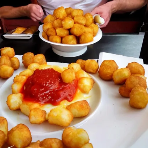 Image similar to food photo of channing tatum's face as giant tater tot on a plate with ketchup