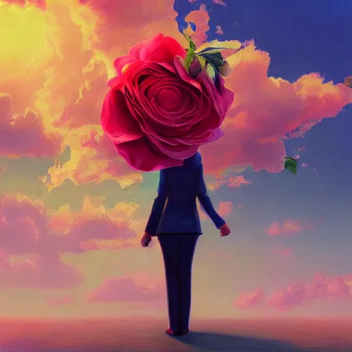 Image similar to closeup, giant rose flower as a head, portrait, girl in a suit, surreal photography, sunrise, blue sky, dramatic light, impressionist painting, digital painting, artstation, simon stalenhag