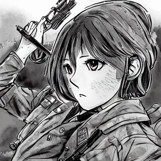 Image similar to manga style, g pen line art, portrait of a girl under artillery fire, trench sandbags in background, soldier clothing, long hair, hair down, symmetrical facial features, 4 koma, empty text balloons, trending pixiv, black patterns, by professional mangaka