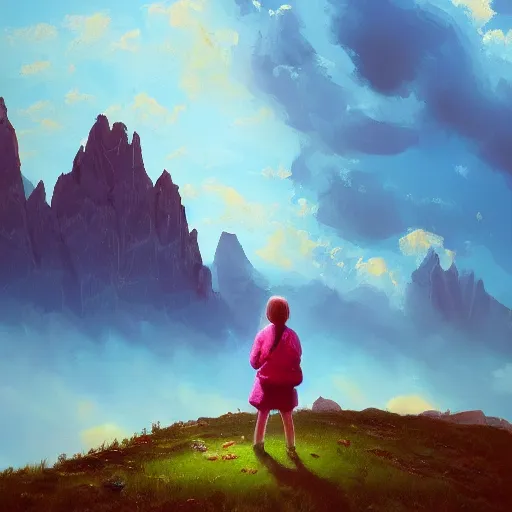 Image similar to giant carnation flower as a head, girl hiking in the dolomites, surreal photography, sunrise, dramatic light, impressionist painting, colorful clouds, digital painting, artstation, simon stalenhag