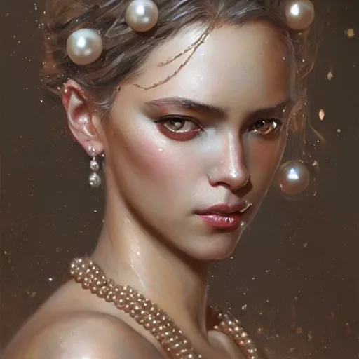 Prompt: a woman with pearls as eyes and glittering skin, a detailed painting by greg rutkowski and raymond swanland, featured on cgsociety, fantasy art, detailed painting, artstation hd, photorealistic