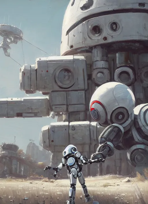 Image similar to an intricate oil painting of a giant pristine white droid mecha with rounded components and tarpaulin cloak by simon stalenhag, by ian mcque inspired by nier : automata, clean white lab background