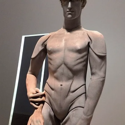 Image similar to “a realistic detailed photo of a guy who is an attractive humanoid who is half robot and half humanoid, who is a male android, British diver Jack Laugher, shiny skin, posing like a statue, blank stare, at the museum, on display”