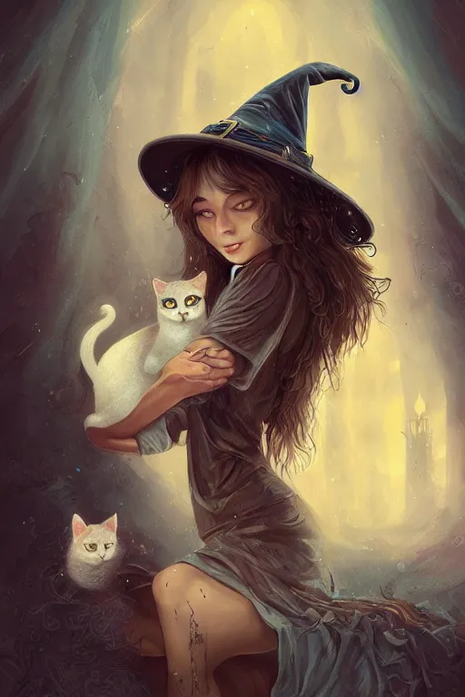 Prompt: A extremely beautiful portrait of a cute witch and her cat, surreal, ultradetailed, intricate, elegant, lithe, detailed, digital painting, artstation, concept art, smooth, sharp focus, illustration