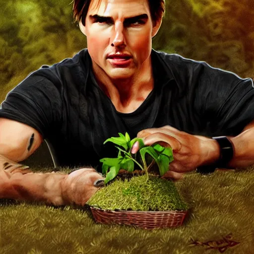 Image similar to tom cruise planting fries in the ground, digital art, highly - detailed, artstation cgsociety masterpiece