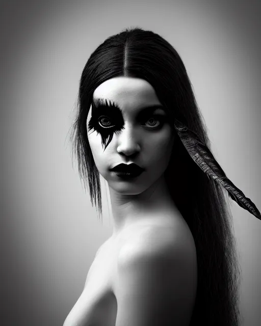 Prompt: surreal mythical dreamy dark artistic black and white fine art 3 / 4 portrait photo of a young delicate mutant female - cyborg - vegetal - orchid - bird with long pale feather hair, rim light, cinematic, studio dramatic light, poetic, octane render, 8 k, photo - realistic