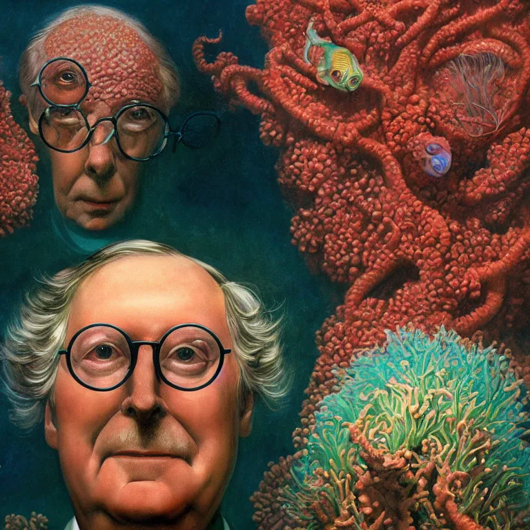 Image similar to Hyperrealistic intensely colored close up studio Photograph portrait of deep sea bioluminescent Senator Mitch McConnell, symmetrical face realistic proportions eye contact tentacles, Smiling in a coral reef underwater, award-winning portrait oil painting by Norman Rockwell and Zdzisław Beksiński vivid colors high contrast hyperrealism 8k