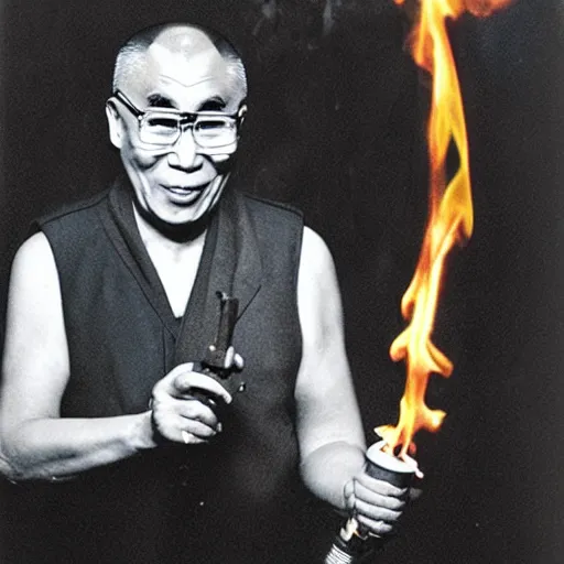 Image similar to dalai lama holding a flamethrower