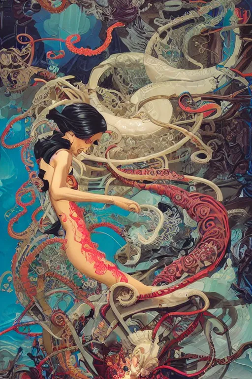 Prompt: Tristan Eaton, victo ngai, peter mohrbacher, artgerm, tentacles from the pit
