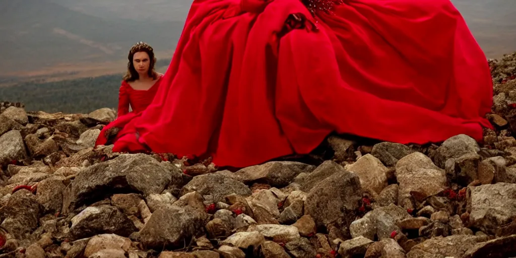 Prompt: film still of closeup a woman sitting on a throne in red long dress on the mountain of dead knights. by emmanuel lubezki