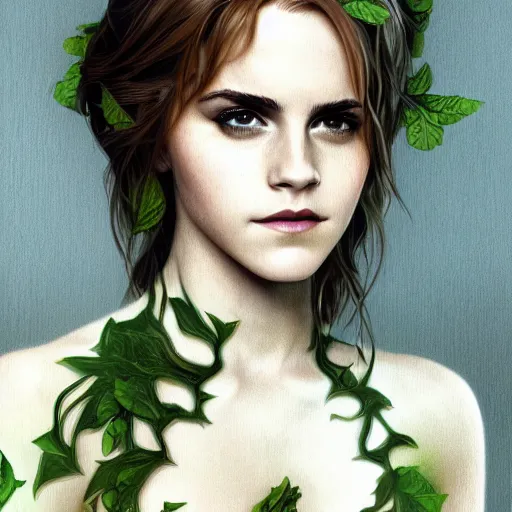 Prompt: Emma Watson Poison Ivy, cute, fantasy, intricate, elegant, highly detailed, digital painting, 4k, HDR, concept art, smooth, sharp focus, illustration, art by artgerm and H R Giger and alphonse mucha