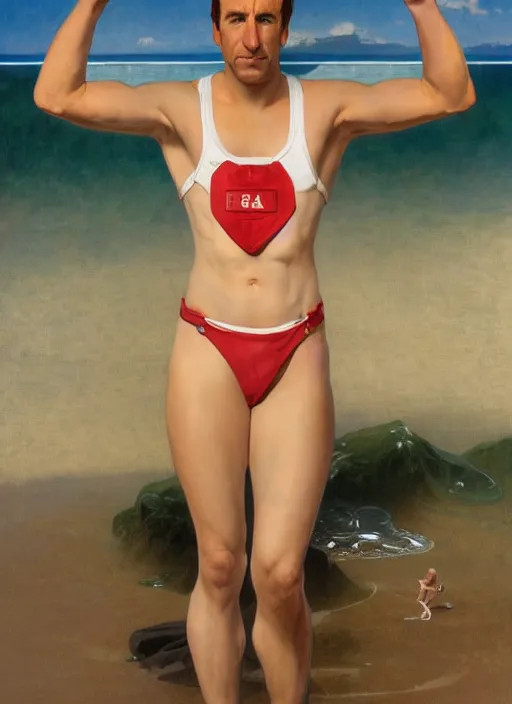 Image similar to portrait Saul Goodman as sea lifeguard on the beach, full length shot, shining, 8k highly detailed, sharp focus, illustration, art by artgerm, mucha, bouguereau