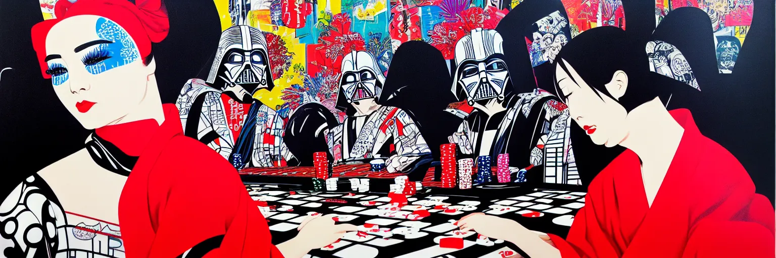 Image similar to hyperrealism composition of the detailed woman in a japanese kimono sitting at an extremely detailed poker table with darth vader, terminator, fireworks on the background, pop - art style, jacky tsai style, andy warhol style, acrylic on canvas