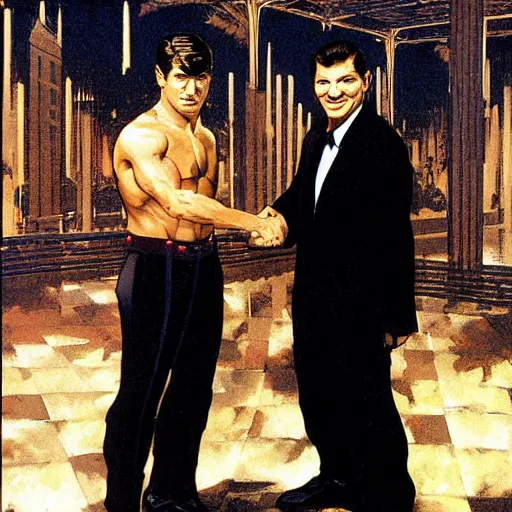 Prompt: tony khan and vince mcmahon shaking hands, stylized behance by syd mead, frank frazetta, ken kelly, simon bisley, richard corben, william - adolphe bouguereau