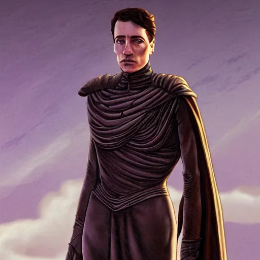 Image similar to realistic paul atreides emperor of the known universe, perfect dramatic and dark portrait by rabbitary b, trending on artstation, deviantart, dune