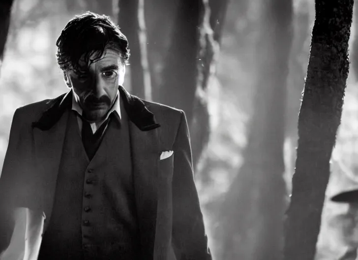 Image similar to an dramatic scene from the movie scarface, medium long shot, costumes from peaky blinders, filmed in the dark woods, a cabin in the background, al pacino and daniel day - lewis, sharp eyes, serious expressions, detailed and symmetric faces, black and white, cinematic, epic,