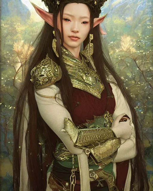 Image similar to onri akita as a beautiful elf queen, oil painting, by Edgar Maxence and Ross Tran and Michael Whelan