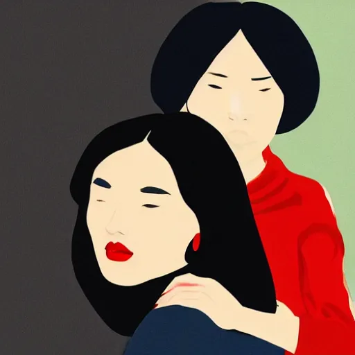 Image similar to Woman holding another woman, arm around her neck, she is Korean, the other black girl, both have red lips, wearing black veils, Edward Hopper and James Gilleard style