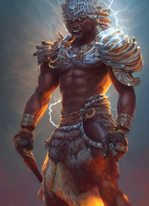 Image similar to a highly detailed illustration of berserker african god of lightning, muscular, intricate, elegant, highly detailed, centered, digital painting, artstation, concept art, smooth, sharp focus, league of legends concept art, WLOP