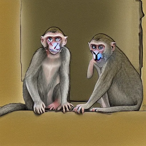 Prompt: two macaques looking at each other inside ancient medieval house, digital art, soft shadows, creepy art, drawn by shadman