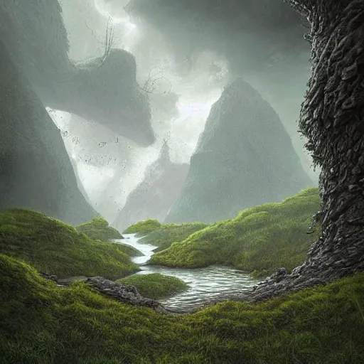 Image similar to digital art of a lush natural scene on an alien planet by michal klimczak ( shume ). extremely detailed. science fiction. beautiful landscape. weird vegetation. cliffs and water.