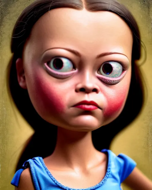 Image similar to closeup face profile portrait of a tin toy greta thunberg as a bikini girl, hyper realistic, artstation, illustration, nicoletta ceccoli, mark ryden, lostfish, max fleischer, digital paint, matte paint, vivid colors, dark, sinister, detailed and intricate environment