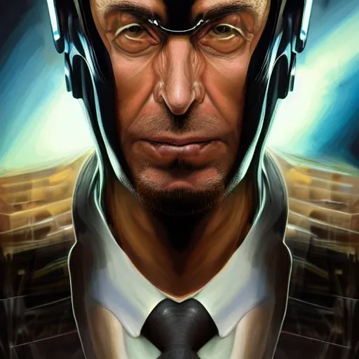 Image similar to marvel comic book style portrait painting of an old thin wispy man with a mean intelligent face, wearing a futuristic lab coat, standing in front of a computer simulation, sci - fi, intricate, elegant, highly detailed, digital painting, artstation, concept art, matte, sharp focus, illustration, art by artgerm and greg rutkowski and jim burns and alan lee