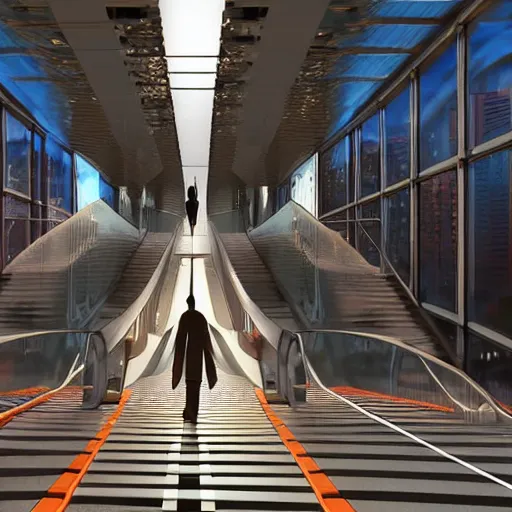 Image similar to view of modern futuristic multi - level levitating walkways, floating, pedestrians, detailed luminescent oil painting 4 k