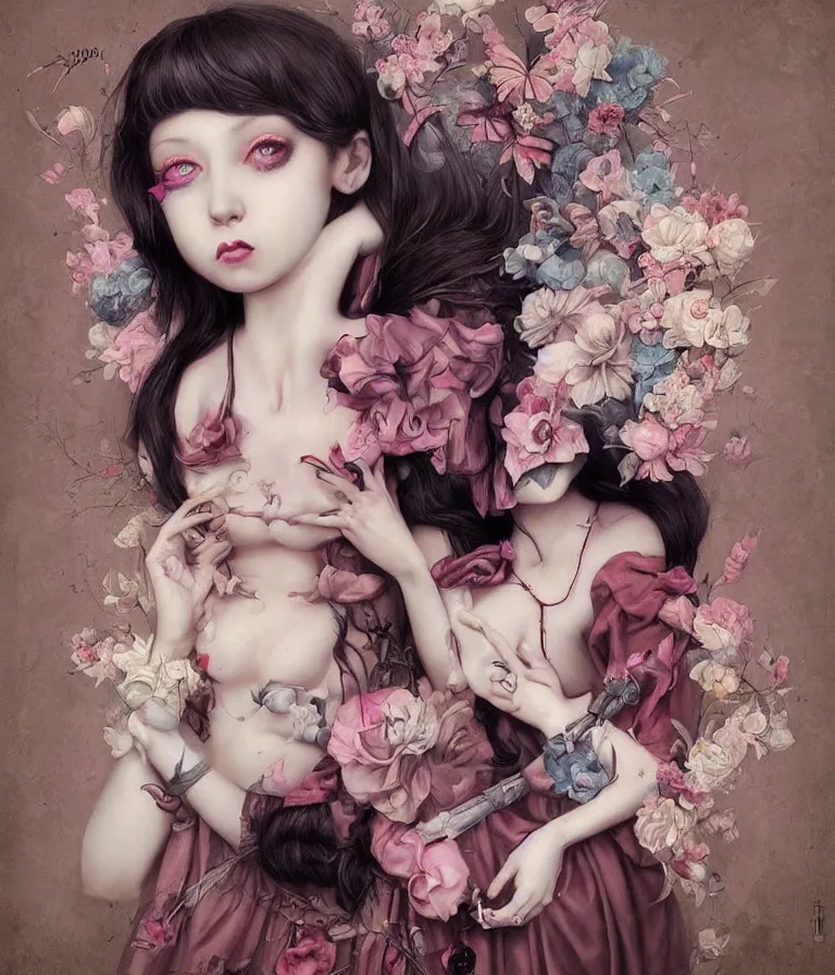 Prompt: pop surrealism, lowbrow art, realistic cute alice girl painting, japanese street fashion, hyper realism, muted colours, rococo, natalie shau, loreta lux, tom bagshaw, mark ryden, trevor brown style